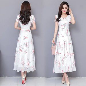 Floral Print Big Swing High Waist Slim Short Sleev